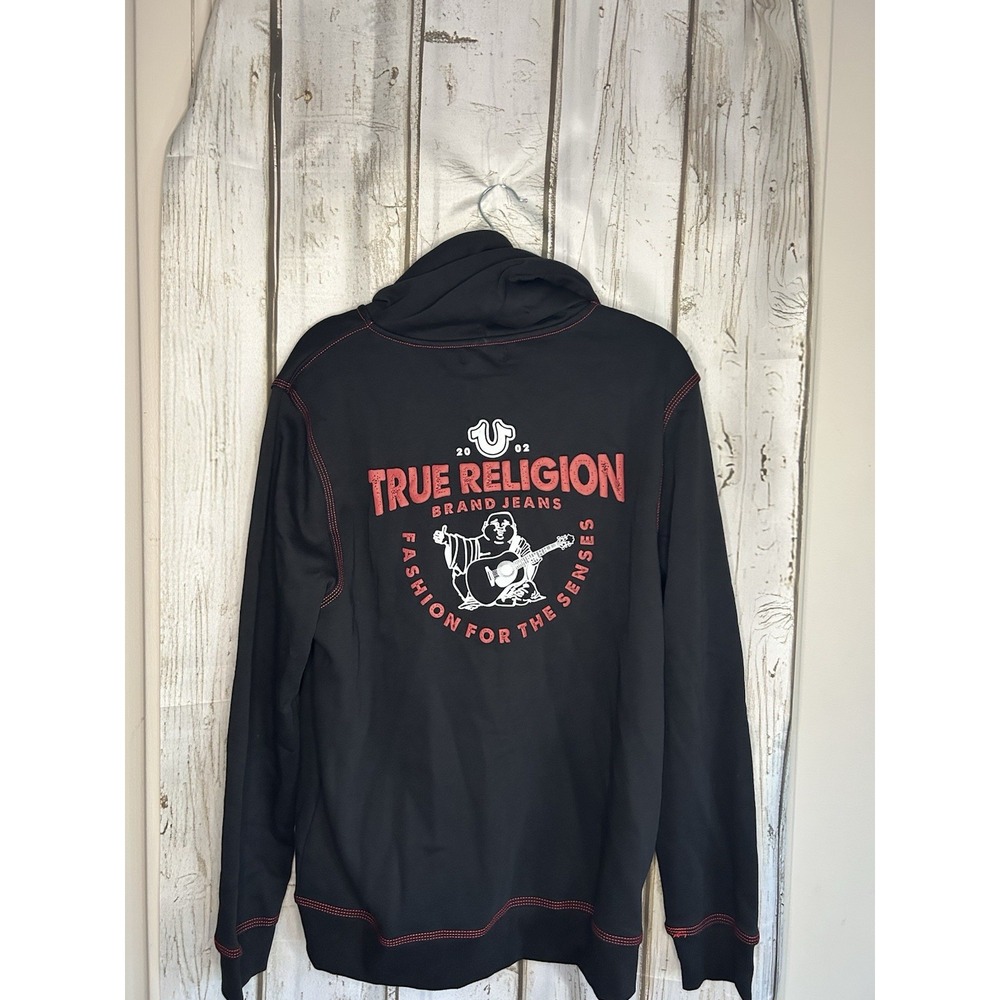 NWT True Religion Full Buddha Zip Hoodie Triple Stitch Black Red Thread Sz L - Picture 5 of 5